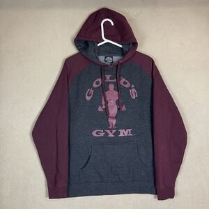 Golds‎ Gym Hoodie Mens Medium Gray Burgundy Pullover Sweatshirt Sweater Adult